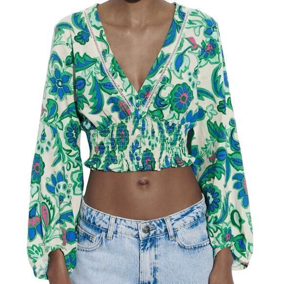 Zara Floral‎ Cropped Long-sleeve Green and Blue Size L - Picture 7 of 7